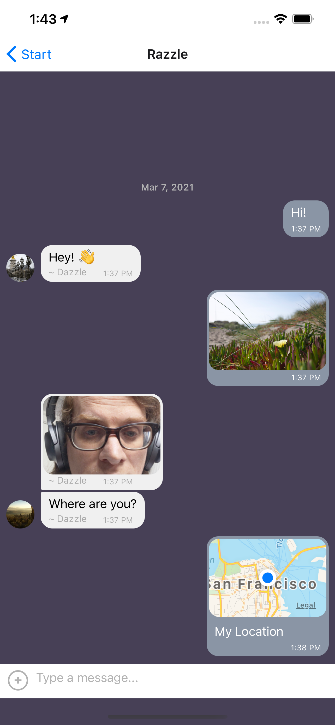 Chat Screen with example chats, photos, location share