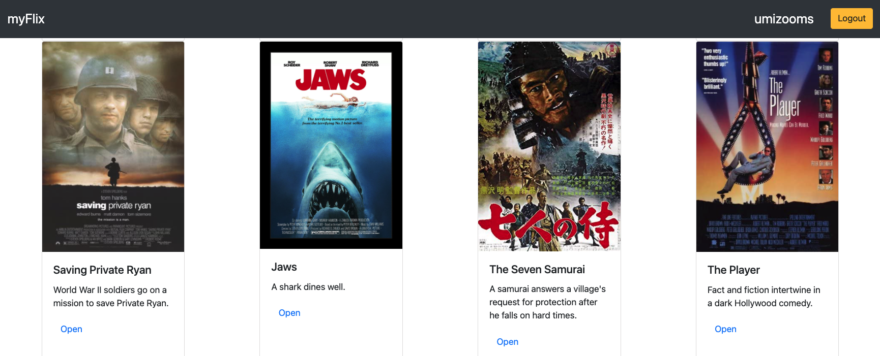 View of MyFlix App with Movie Cards