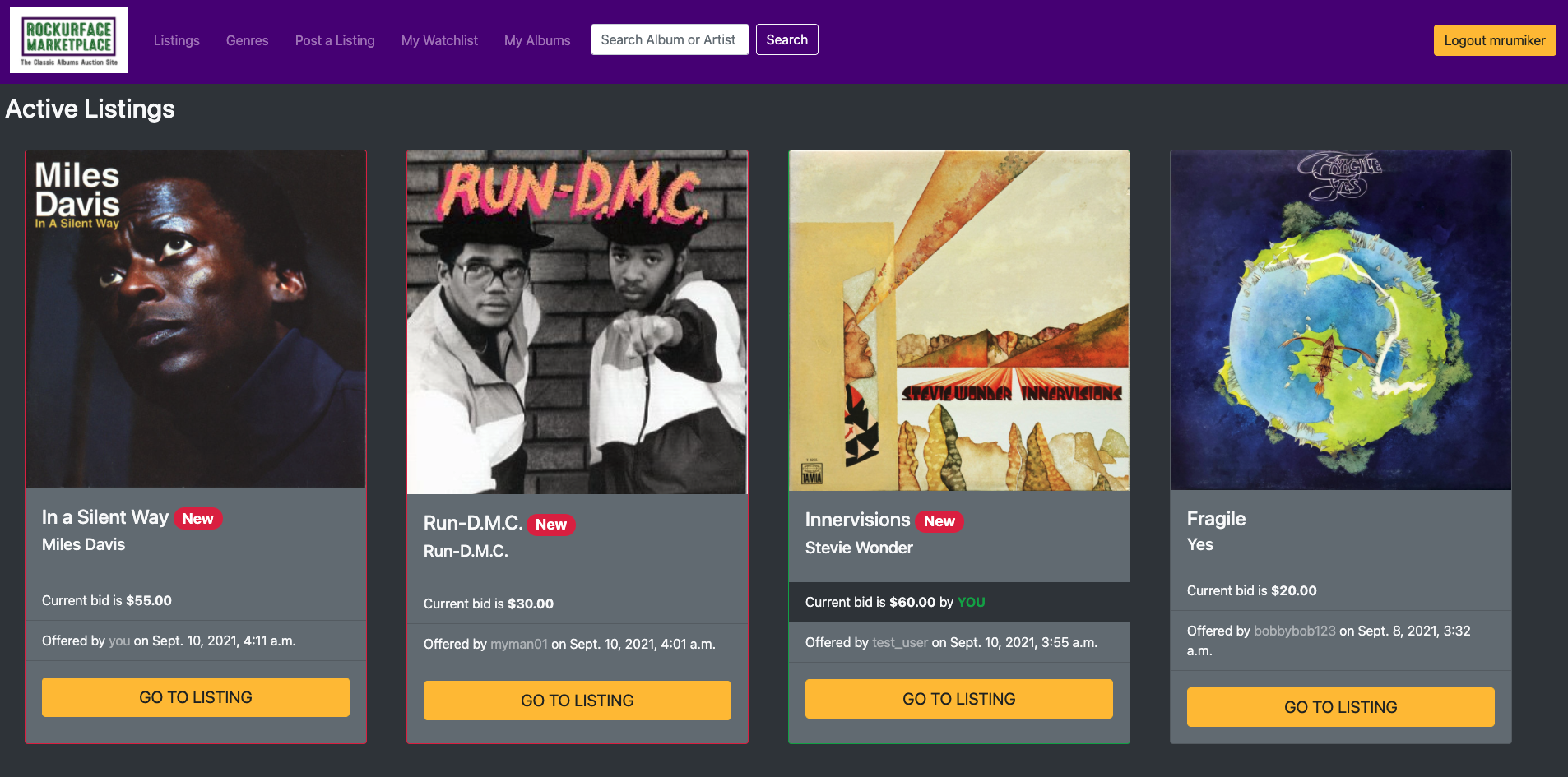 View of RockUrFace Marketplace site with Albums for sale